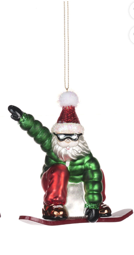 Kerstbal snowboard santa groene jas